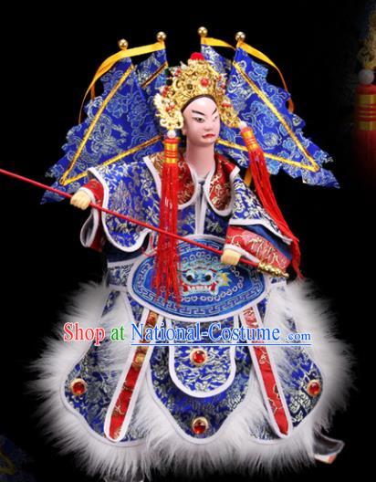 Traditional Chinese Handmade Blue Clothing Takefu Lv Bu Puppet Marionette Puppets String Puppet Wooden Image Arts Collectibles