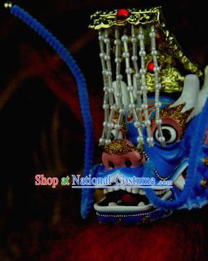 Traditional Chinese Handmade Blue Dragon Head Puppet Marionette Puppets String Puppet Wooden Image Arts Collectibles