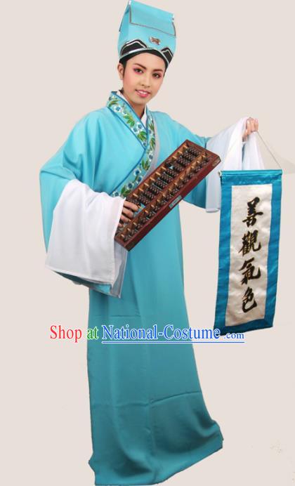 Traditional Chinese Huangmei Opera Niche Costumes Ancient Scholar Blue Robe for Men