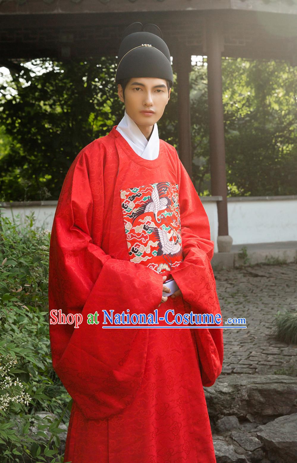 Ancient Chinese Ming Dynasty Government Official Robe Film Costumes and Hat Complete Set for Men