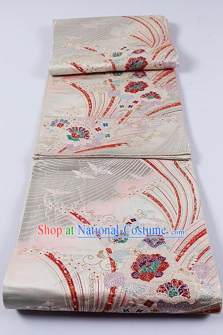 Traditional Japanese Classical Begonia Pattern White Waistband Kimono Brocade Accessories Yukata Belt for Women