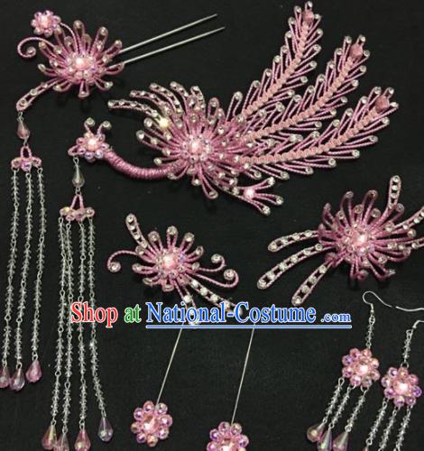 Traditional Chinese Beijing Opera Diva Hair Accessories Pink Phoenix Hairpins Ancient Court Princess Headwear for Women