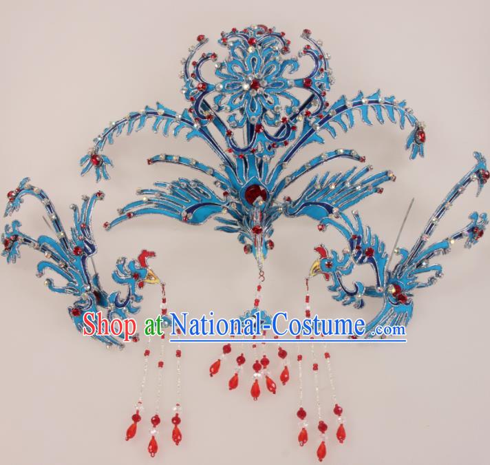 Traditional Chinese Beijing Opera Diva Hair Accessories Blue Phoenix Hairpins Ancient Court Princess Headwear for Women