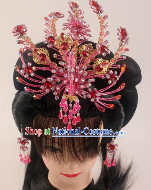 Traditional Chinese Beijing Opera Diva Rosy Phoenix Hairpins Hair Accessories Ancient Court Princess Headwear for Women