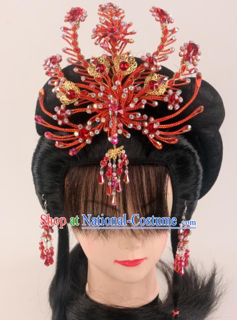 Traditional Chinese Beijing Opera Diva Red Phoenix Hairpins Hair Accessories Ancient Court Princess Headwear for Women