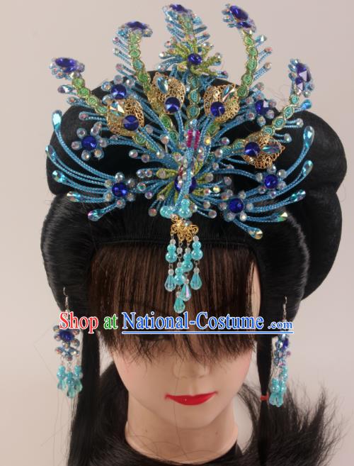 Traditional Chinese Beijing Opera Diva Blue Phoenix Hairpins Hair Accessories Ancient Court Princess Headwear for Women