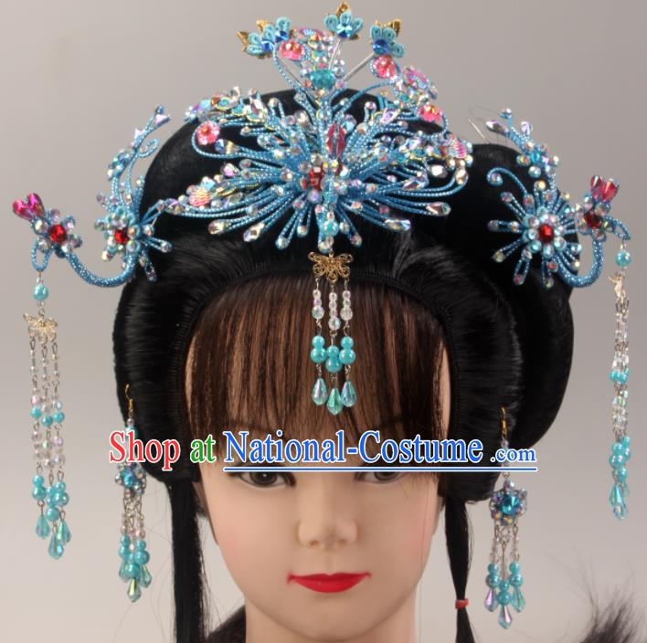 Traditional Chinese Beijing Opera Queen Blue Phoenix Hairpins Hair Accessories Ancient Court Princess Headwear for Women