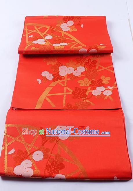 Traditional Japanese Classical Flowers Pattern Red Waistband Kimono Brocade Accessories Yukata Belt for Women