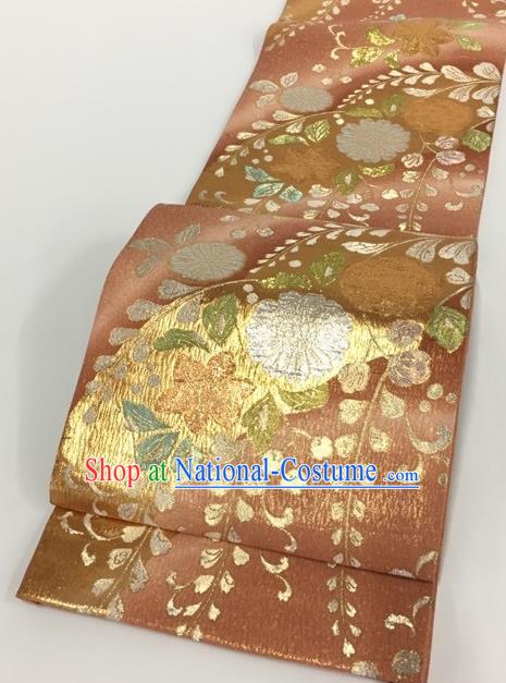 Traditional Japanese Classical Flowers Pattern Pink Cannetille Waistband Kimono Brocade Accessories Yukata Belt for Women