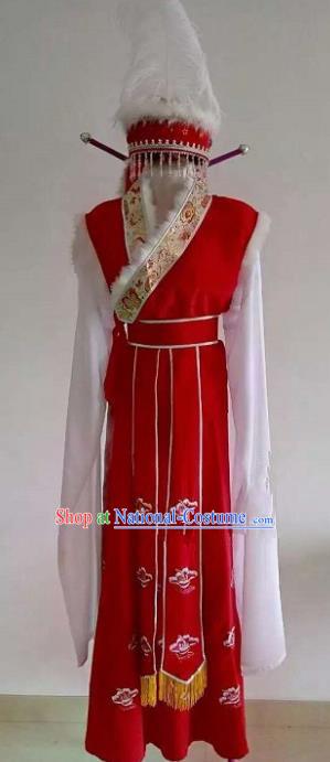 Handmade Traditional Chinese Beijing Opera Ethnic Princess Red Dress Ancient Court Lady Costumes and Hat for Women