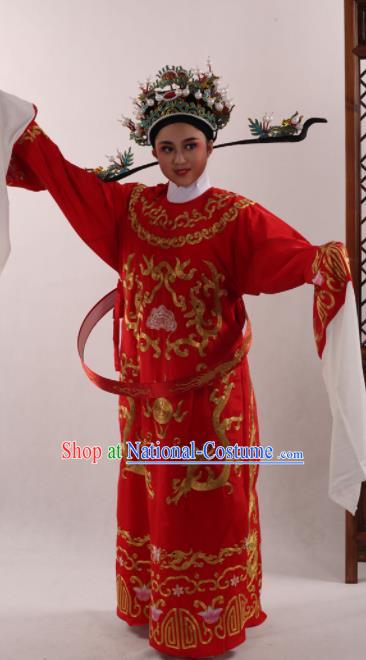 Traditional Chinese Huangmei Opera Niche Red Robe Ancient Number One Scholar Embroidered Costume for Men