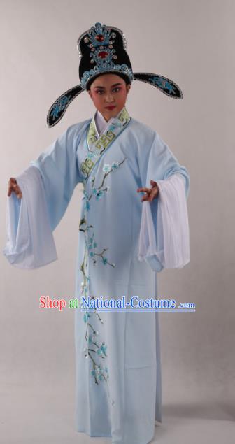 Traditional Chinese Shaoxing Opera Niche Costume Ancient Scholar Embroidered Plum Blue Robe Clothing for Men