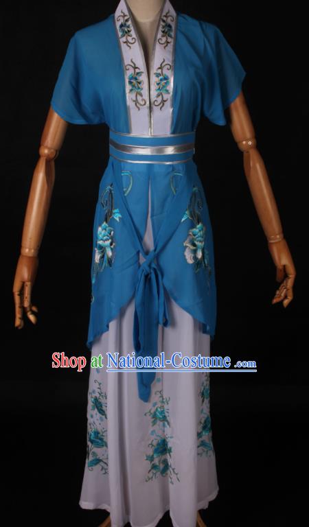 Traditional Chinese Shaoxing Opera Maidservant Blue Dress Ancient Peking Opera Poor Lady Costume for Women