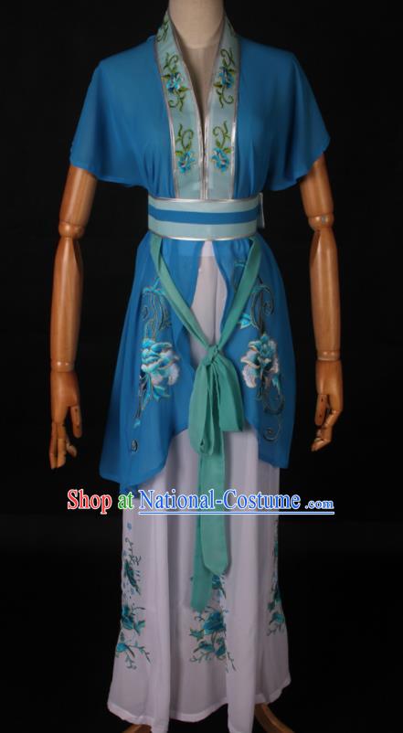 Traditional Chinese Shaoxing Opera Maidservant Lake Blue Dress Ancient Peking Opera Poor Lady Costume for Women