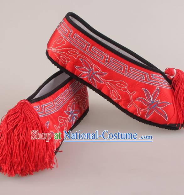 Traditional Chinese Beijing Opera Diva Red Embroidered Shoes Handmade Ancient Princess Blood Stained Shoes for Women