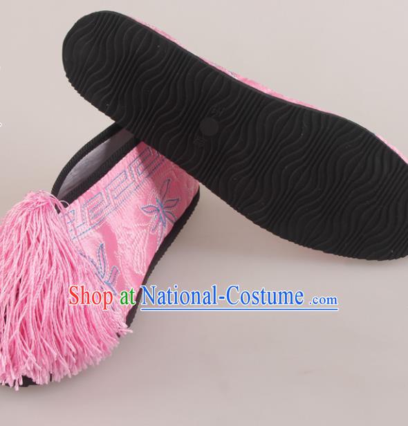 Traditional Chinese Beijing Opera Diva Pink Embroidered Shoes Handmade Ancient Princess Blood Stained Shoes for Women