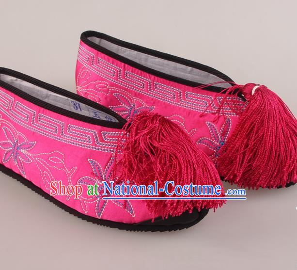 Traditional Chinese Beijing Opera Diva Rosy Embroidered Shoes Handmade Ancient Princess Blood Stained Shoes for Women