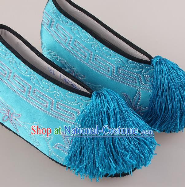 Traditional Chinese Beijing Opera Diva Blue Height Embroidered Shoes Handmade Ancient Princess Blood Stained Shoes for Women