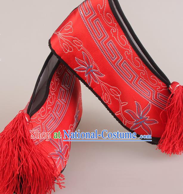 Traditional Chinese Beijing Opera Diva Red Height Embroidered Shoes Handmade Ancient Princess Blood Stained Shoes for Women