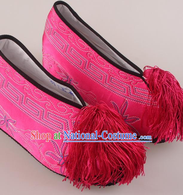 Traditional Chinese Beijing Opera Diva Rosy Height Embroidered Shoes Handmade Ancient Princess Blood Stained Shoes for Women