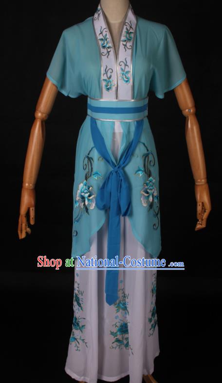 Traditional Chinese Shaoxing Opera Maidservant Light Blue Dress Ancient Peking Opera Poor Lady Costume for Women