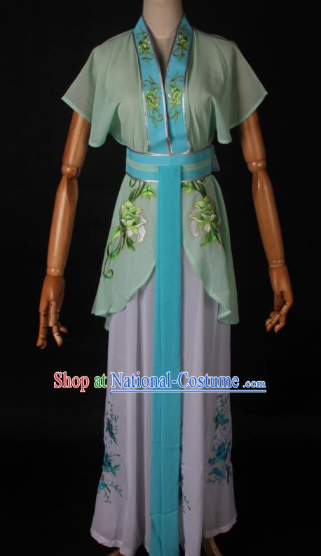 Traditional Chinese Shaoxing Opera Maidservant Light Green Dress Ancient Peking Opera Poor Lady Costume for Women