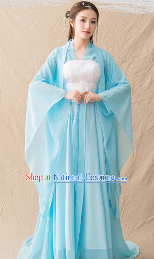 Chinese Ancient Drama Goddess Princess Blue Hanfu Dress Traditional Han Dynasty Imperial Consort Replica Costumes for Women