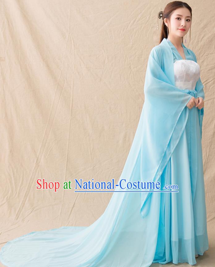 Chinese Ancient Drama Goddess Princess Blue Hanfu Dress Traditional Han Dynasty Imperial Consort Replica Costumes for Women