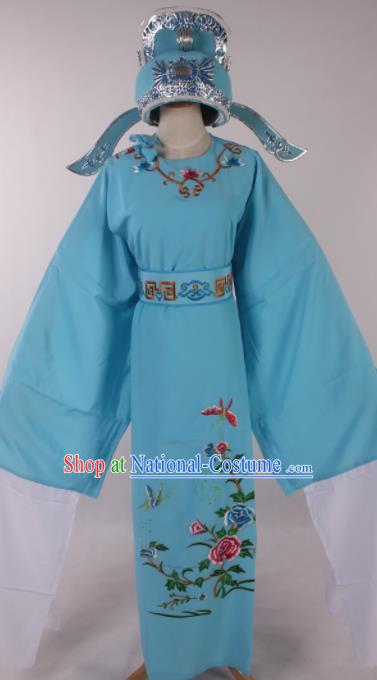 Traditional Chinese Shaoxing Opera Niche Embroidered Peony Blue Robe Ancient Nobility Childe Costume for Men