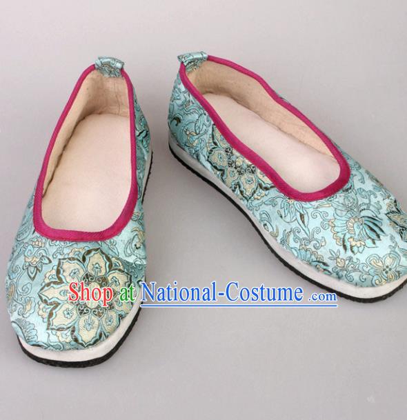 Traditional Chinese Beijing Opera Hanfu Blue Shoes Handmade Ancient Princess Blood Stained Shoes for Women