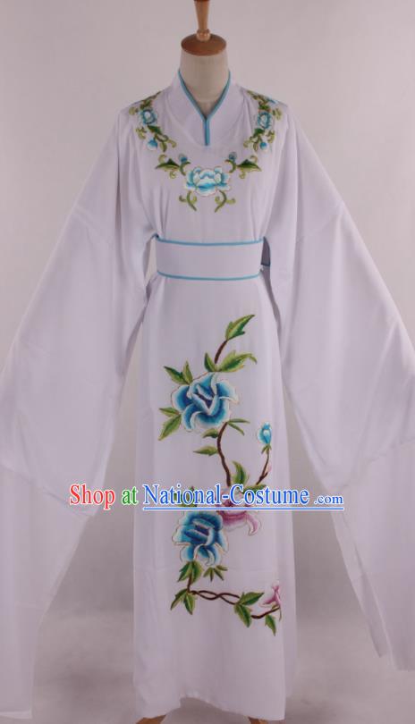 Traditional Chinese Shaoxing Opera Niche Scholar Embroidered White Robe Ancient Nobility Childe Costume for Men