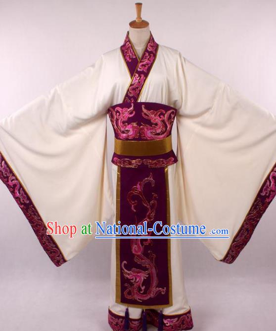 Traditional Chinese Shaoxing Opera Niche Embroidered White Clothing Ancient Han Dynasty Minister Costume for Men