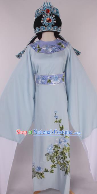 Traditional Chinese Shaoxing Opera Gifted Scholar Light Blue Robe Ancient Childe Costume and Hat for Men