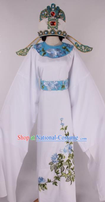 Traditional Chinese Shaoxing Opera Gifted Scholar White Robe Ancient Childe Costume and Hat for Men