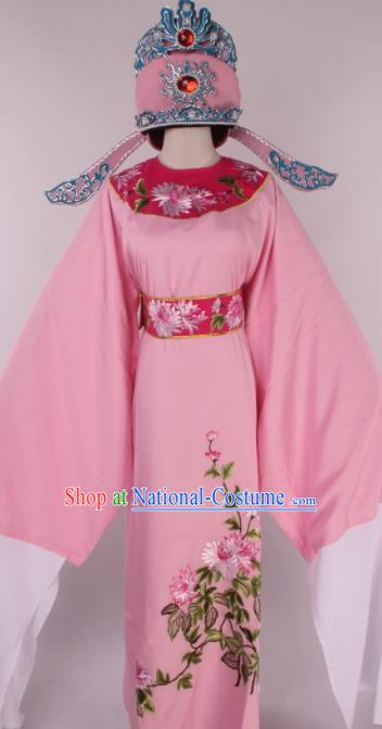 Traditional Chinese Shaoxing Opera Gifted Scholar Pink Robe Ancient Childe Costume and Hat for Men