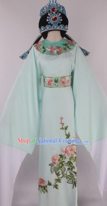 Traditional Chinese Shaoxing Opera Gifted Scholar Light Green Robe Ancient Childe Costume and Hat for Men