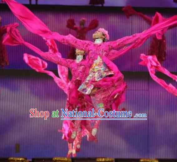 Traditional Chinese Classical Dance Cai Die Fei Wu Costume Rosy Water Sleeve Dance Dress for Women