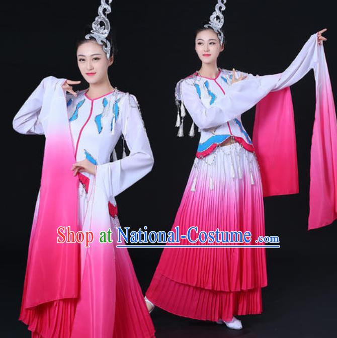 Traditional Chinese Classical Dance Cai Wei Costume Water Sleeve Dance Rosy Dress for Women