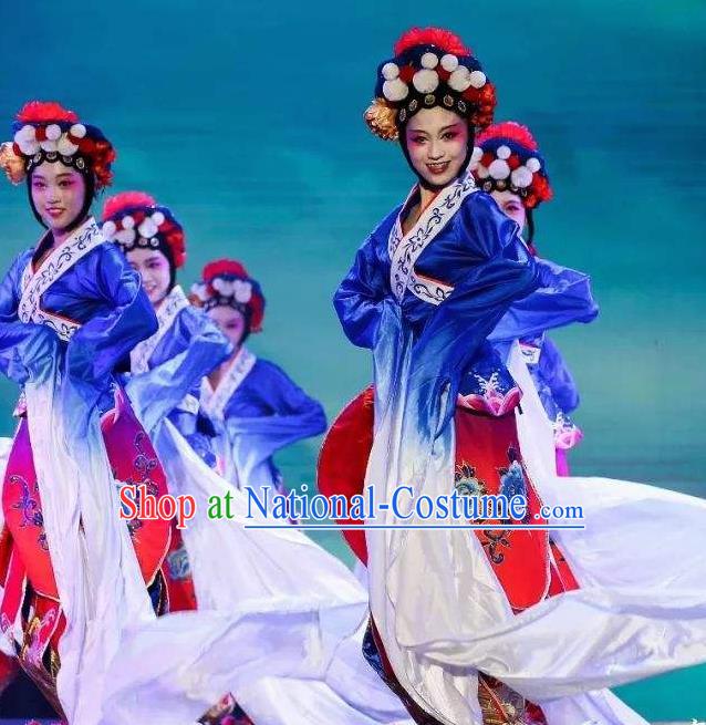 Traditional Chinese Classical Dance Cai Wei Costume Group Dance Water Sleeve Blue Dress for Women