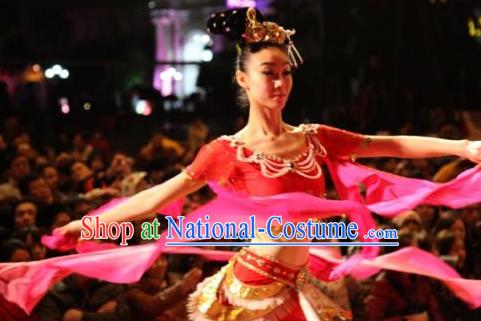 Traditional Chinese Classical Dance Hu Xuan Wu Costume Fan Dance Beautiful Dance Red Dress for Women