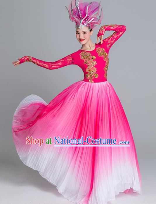 Traditional Chinese Classical Dance Rosy Dress Stage Show Opening Dance Costume for Women