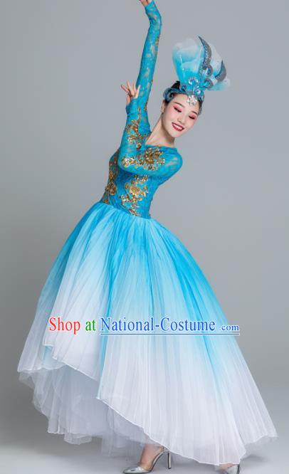 Traditional Chinese Classical Dance Chorus Blue Dress Stage Show Opening Dance Costume for Women