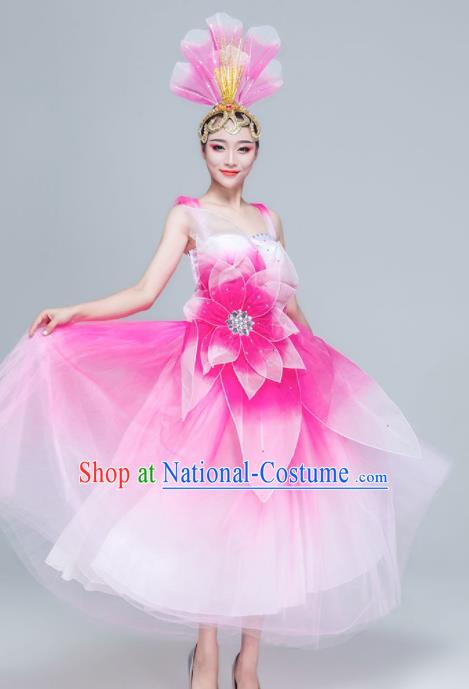 Traditional Chinese Spring Festival Gala Opening Dance Pink Dress Stage Show Chorus Costume for Women