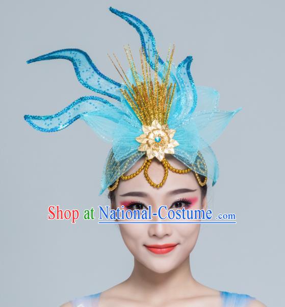 Traditional Chinese Yangko Dance Blue Lotus Hair Claw Folk Dance Fan Dance Headwear for Women