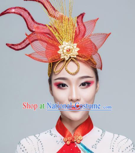 Traditional Chinese Yangko Dance Red Lotus Hair Claw Folk Dance Fan Dance Headwear for Women