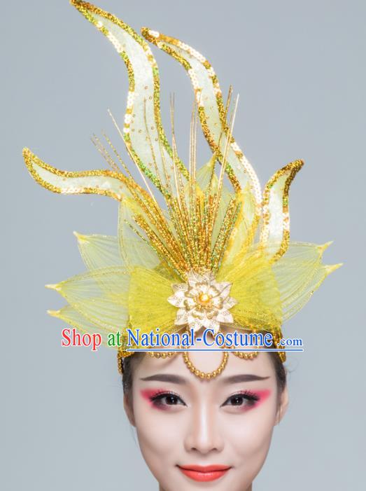 Traditional Chinese Yangko Dance Yellow Lotus Hair Claw Folk Dance Fan Dance Headwear for Women