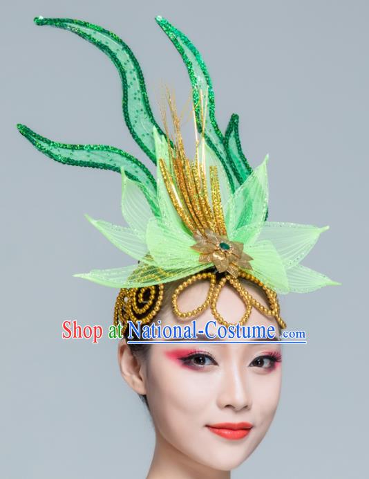 Traditional Chinese Yangko Dance Green Lotus Hair Claw Folk Dance Fan Dance Headwear for Women