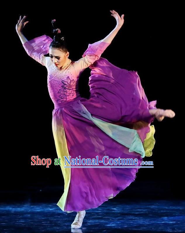 Traditional Chinese Classical Dance Qie Kan Xing Yun Costume Stage Show Beautiful Dance Purple Dress for Women