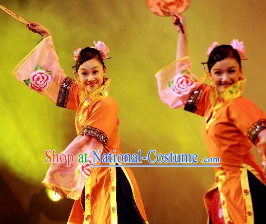 Chinese Beautiful Dance Wan Shan Shi Nv Orange Costume Traditional Palace Fan Classical Dance Competition Dress for Women