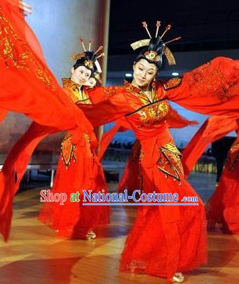 Chinese Beautiful Dance Xi Shi Water Sleeve Red Costume Traditional Umbrella Dance Classical Dance Competition Dress for Women